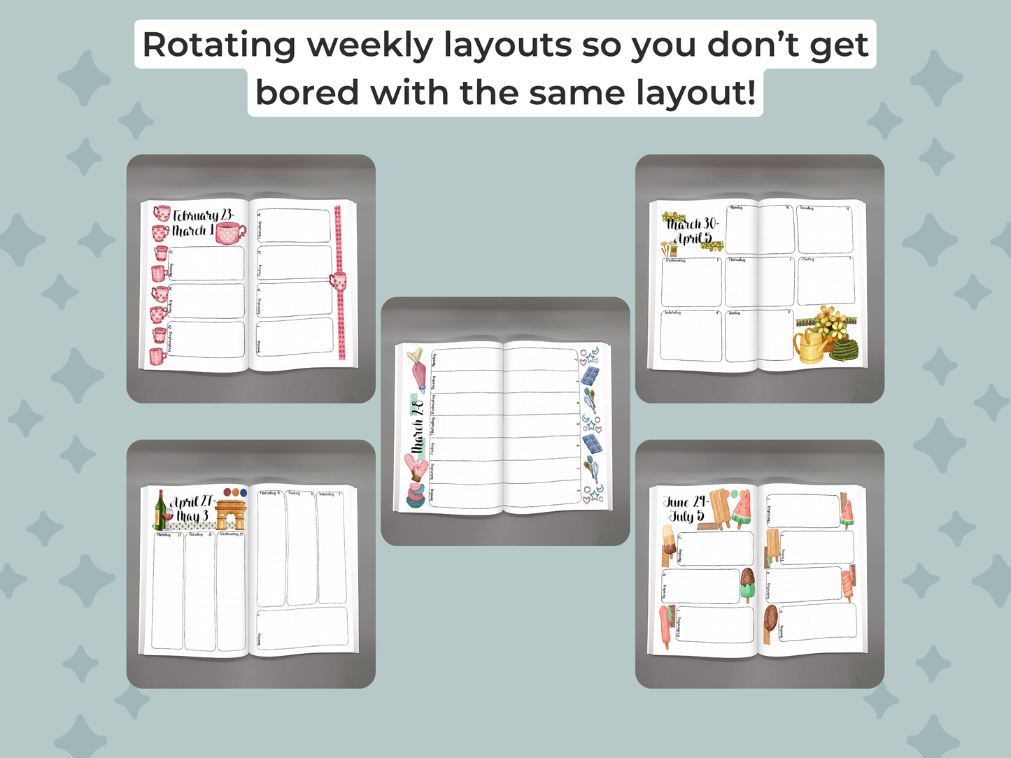 Set of weekly layouts on a mint background with text encouraging variety of weekly spreads.