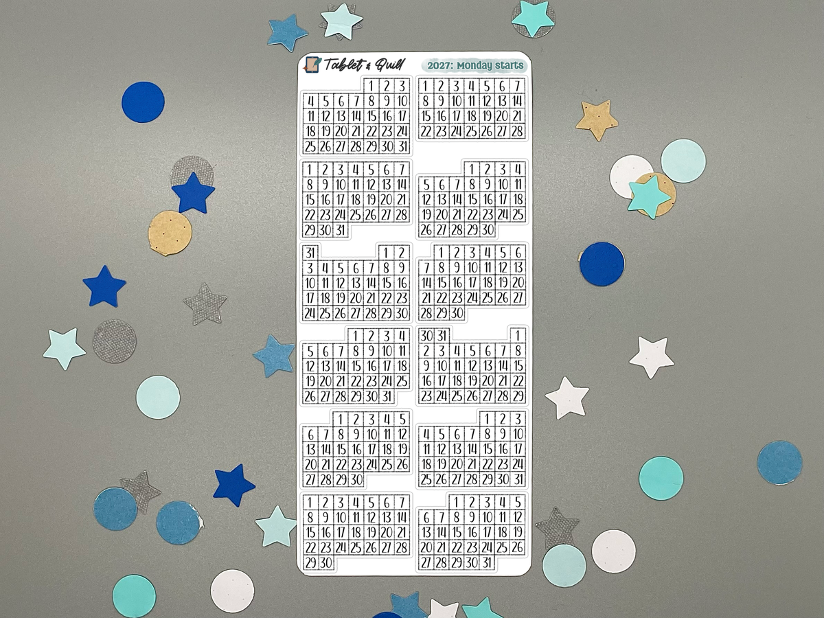 2027 Mini Calendar Stickers Sheet