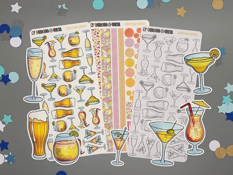 An overview image of drinks themed stickers, including a color sticker sheet, a colorable sticker sheet, a decorative sticker sheet, and die cut sticker flakes.