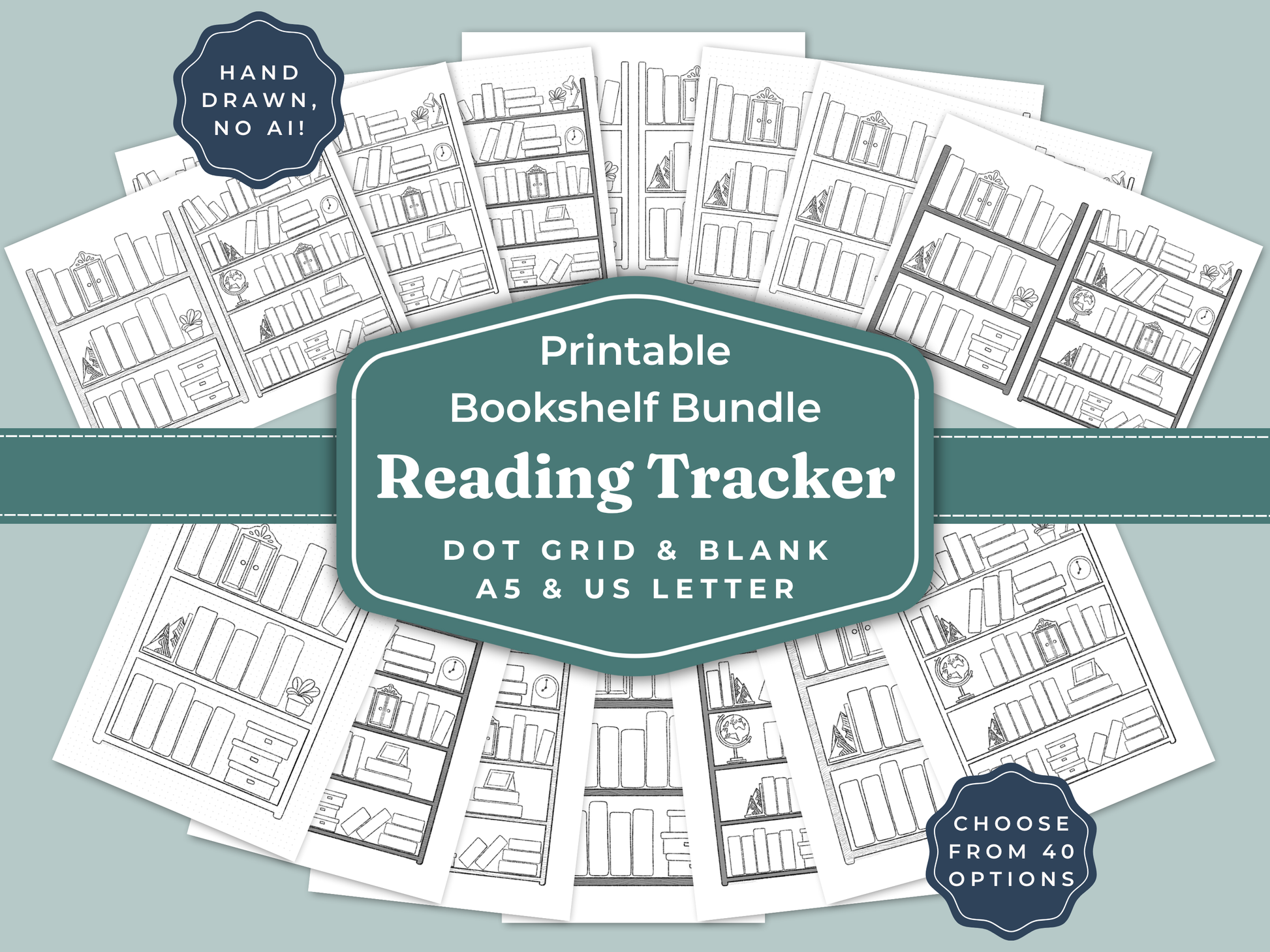 Printable bookshelf bundle reading tracker with dot grid and blank options on a light blue background.