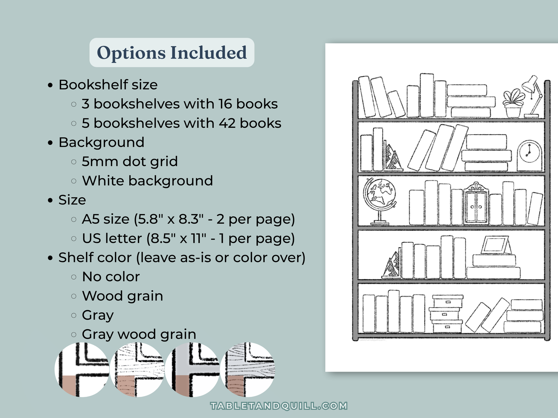 Product description for bookshelf illustrations with options including size, background, and shelf color and closeups of shelf colors.