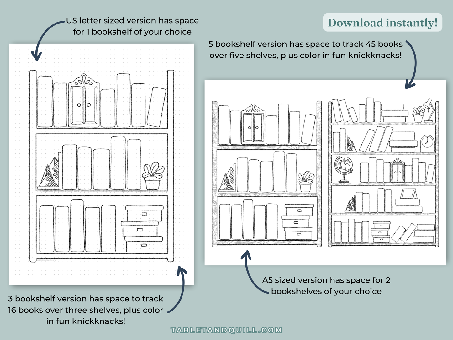 Comparison of bookshelf designs with text indicating space for books and knickknacks and different sizes for printing.