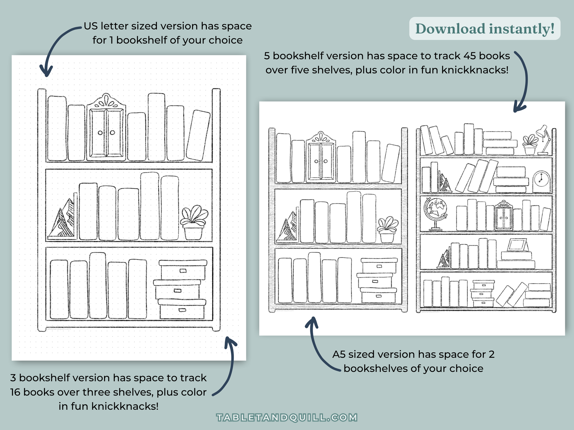 Comparison of bookshelf designs with text indicating space for books and knickknacks and different sizes for printing.