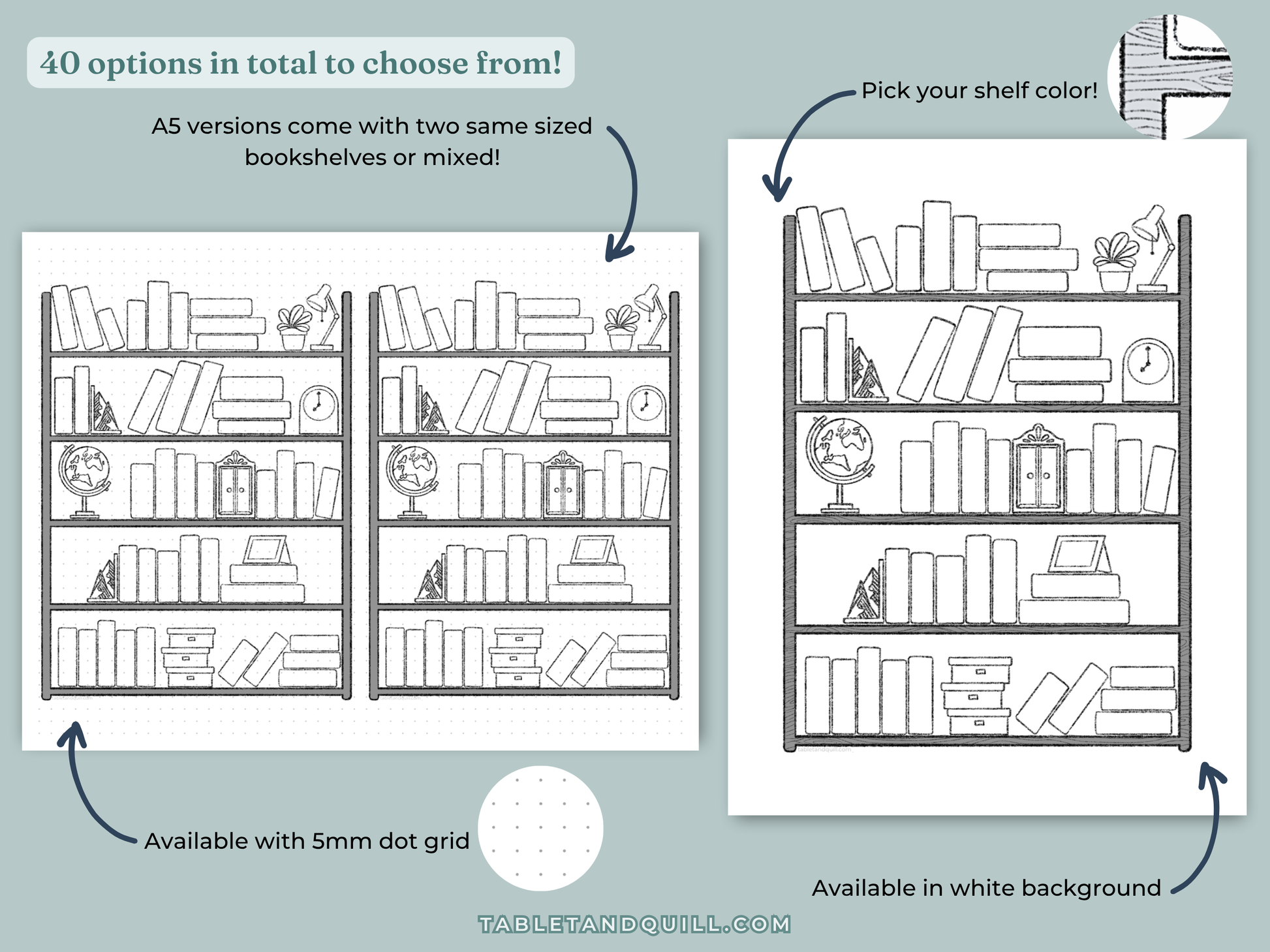Illustration of bookshelves with text explaining design options and availability.