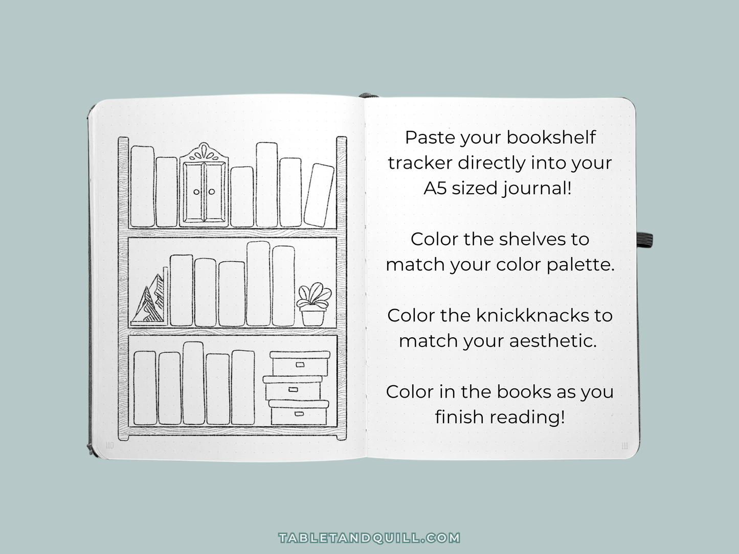 Bookshelf tracker design for A5 sized journal on a light blue background