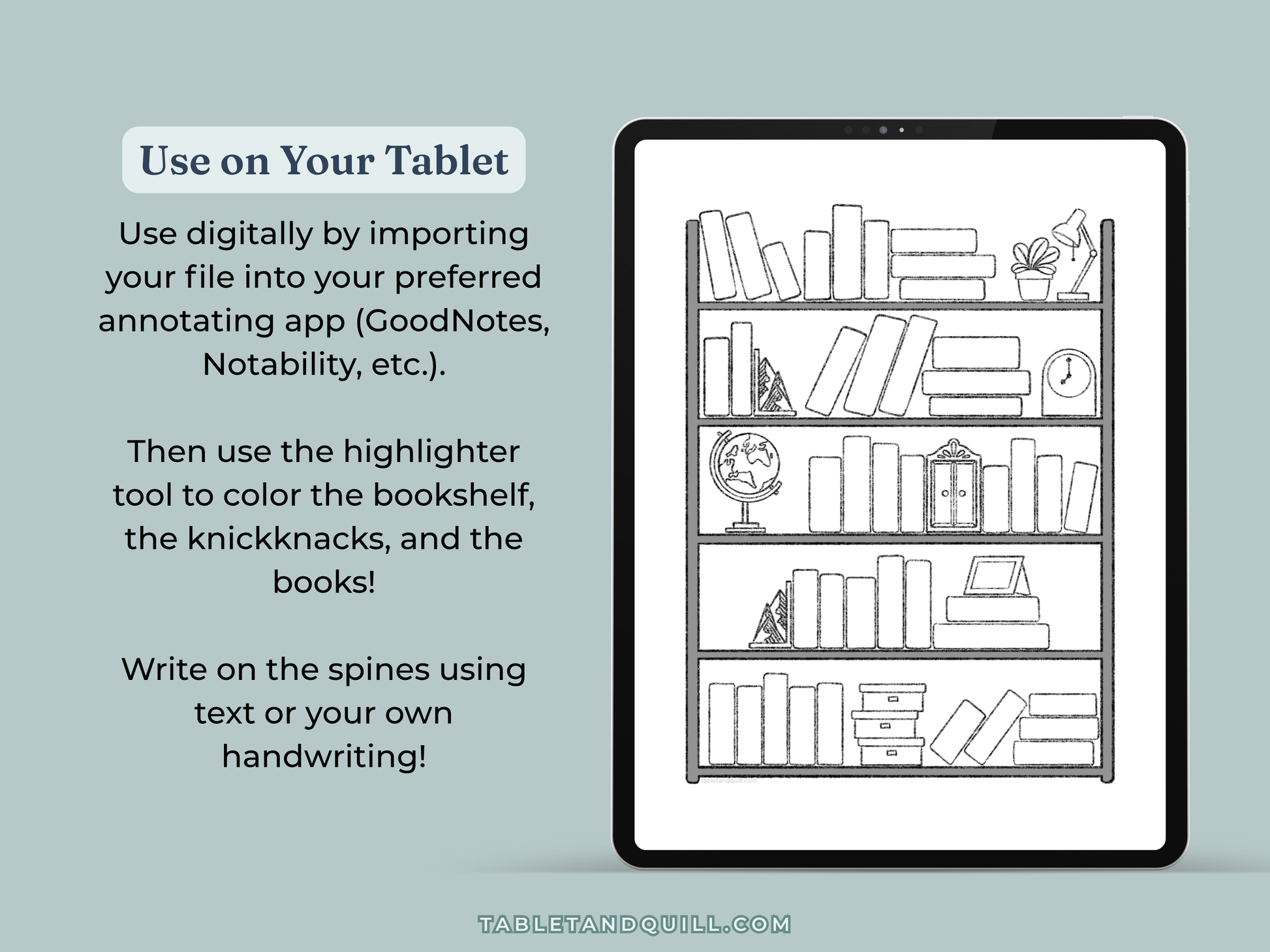 Digital bookshelf illustration on a tablet screen with text instructions for using the reading tracker on an app.
