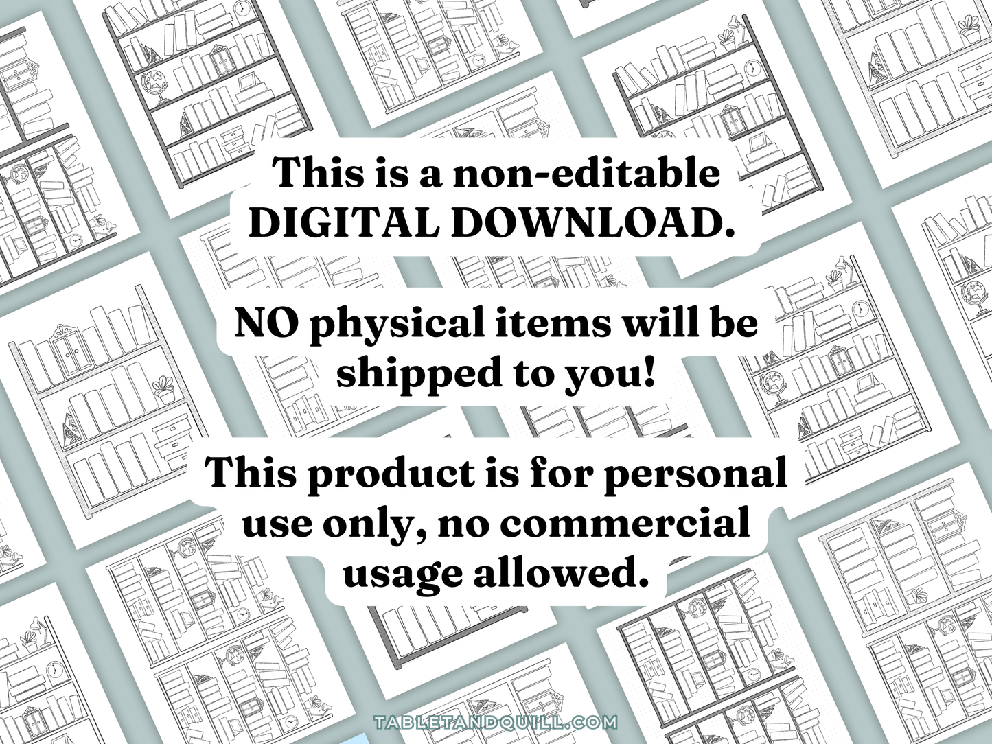 Pattern of bookshelf illustrations with text about a non-editable digital download.