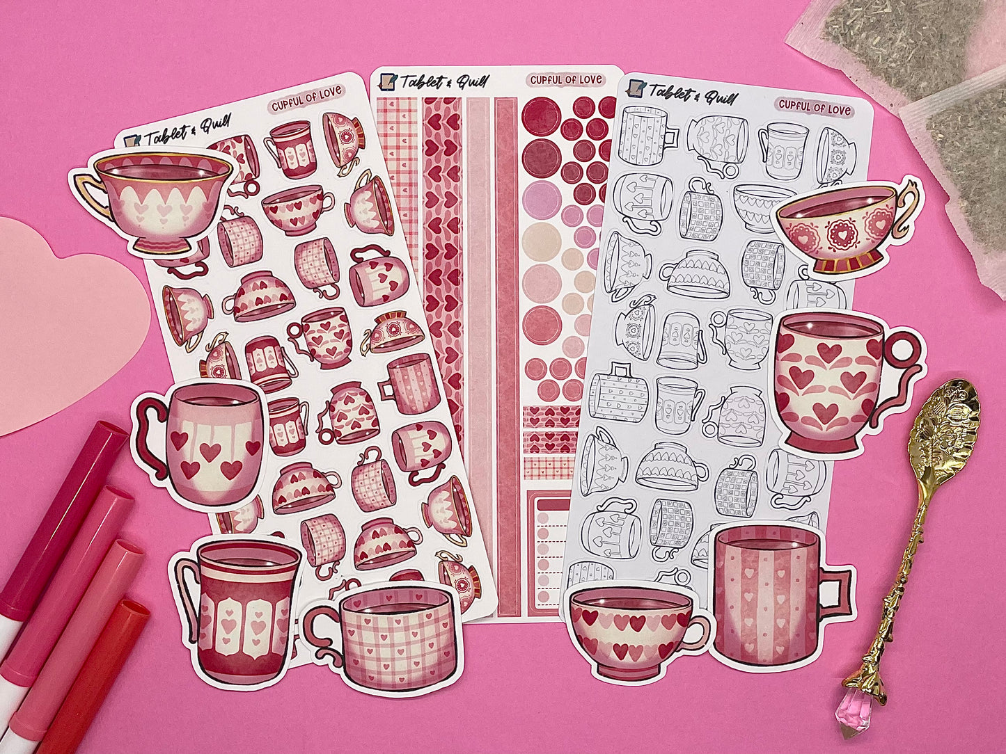 Valentine Themed Cupful of Love Black & White DIY Color Sticker Sheet