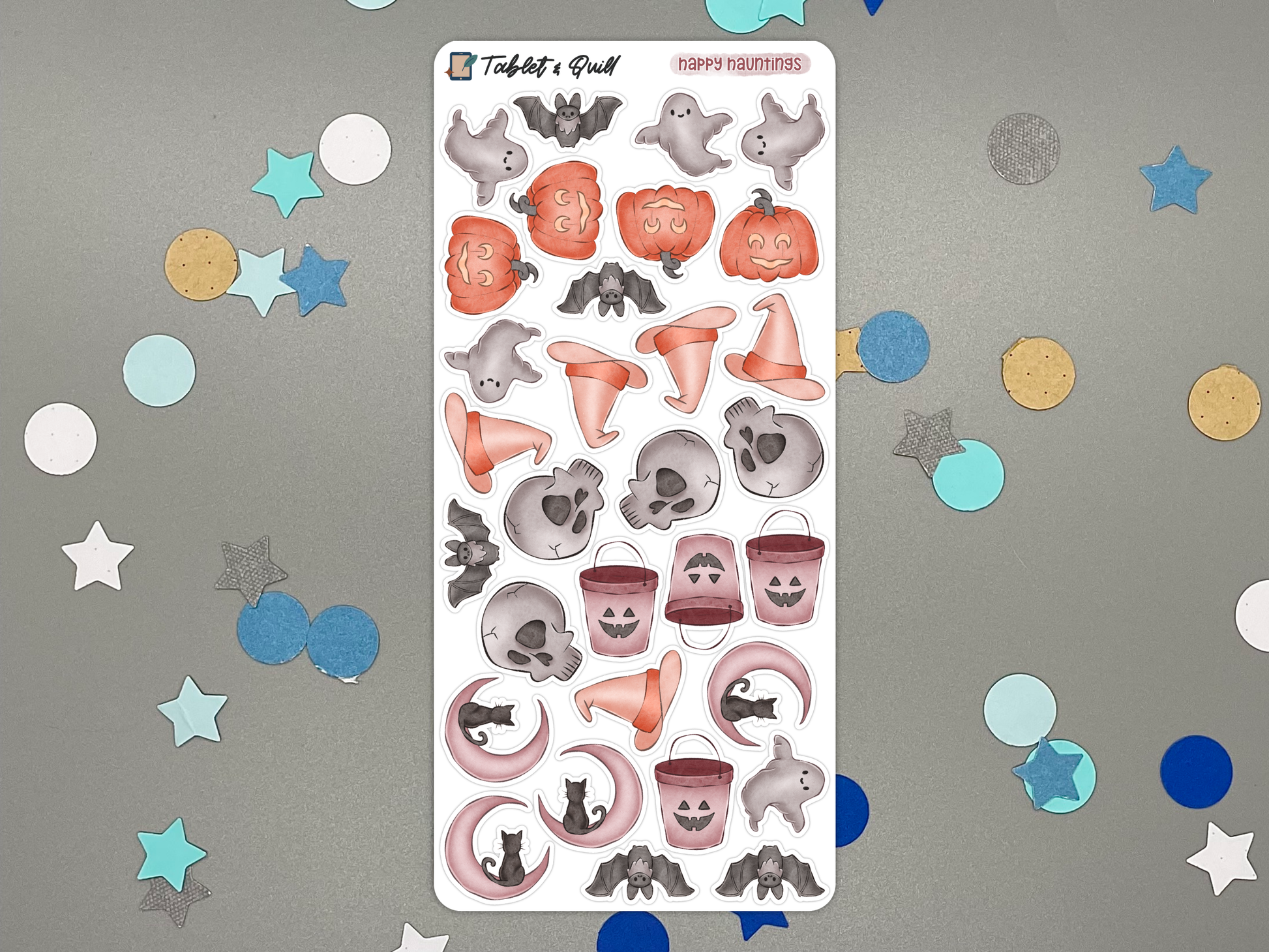 Sheet of Halloween-themed stickers with confetti on a gray background