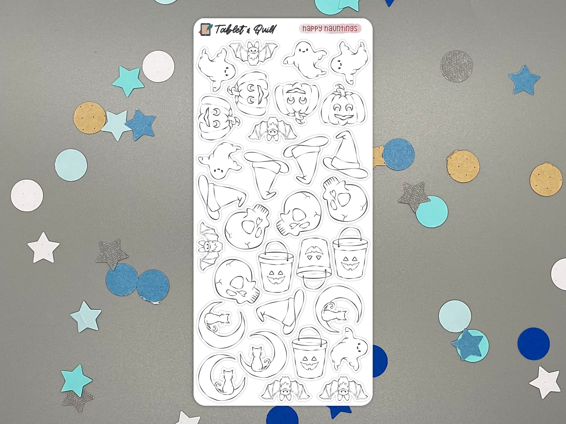 Black and white Halloween colorable sticker sheet on a gray background with colorful confetti.