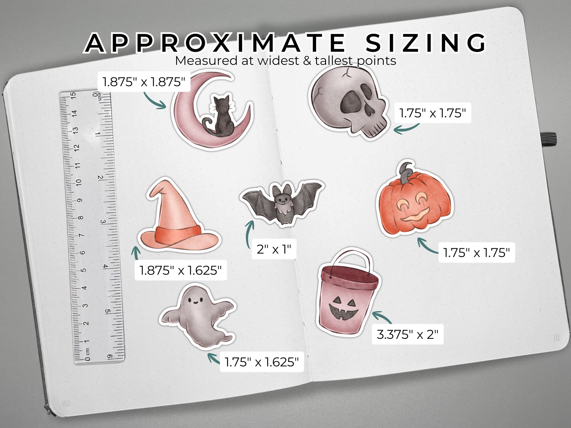 Halloween-themed stickers with approximate sizing measurements on a journal.