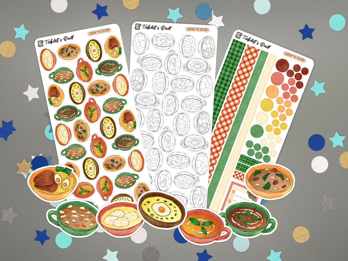 Three sheets of soup-themed planner stickers displayed on a gray background with scattered star and circle confetti.