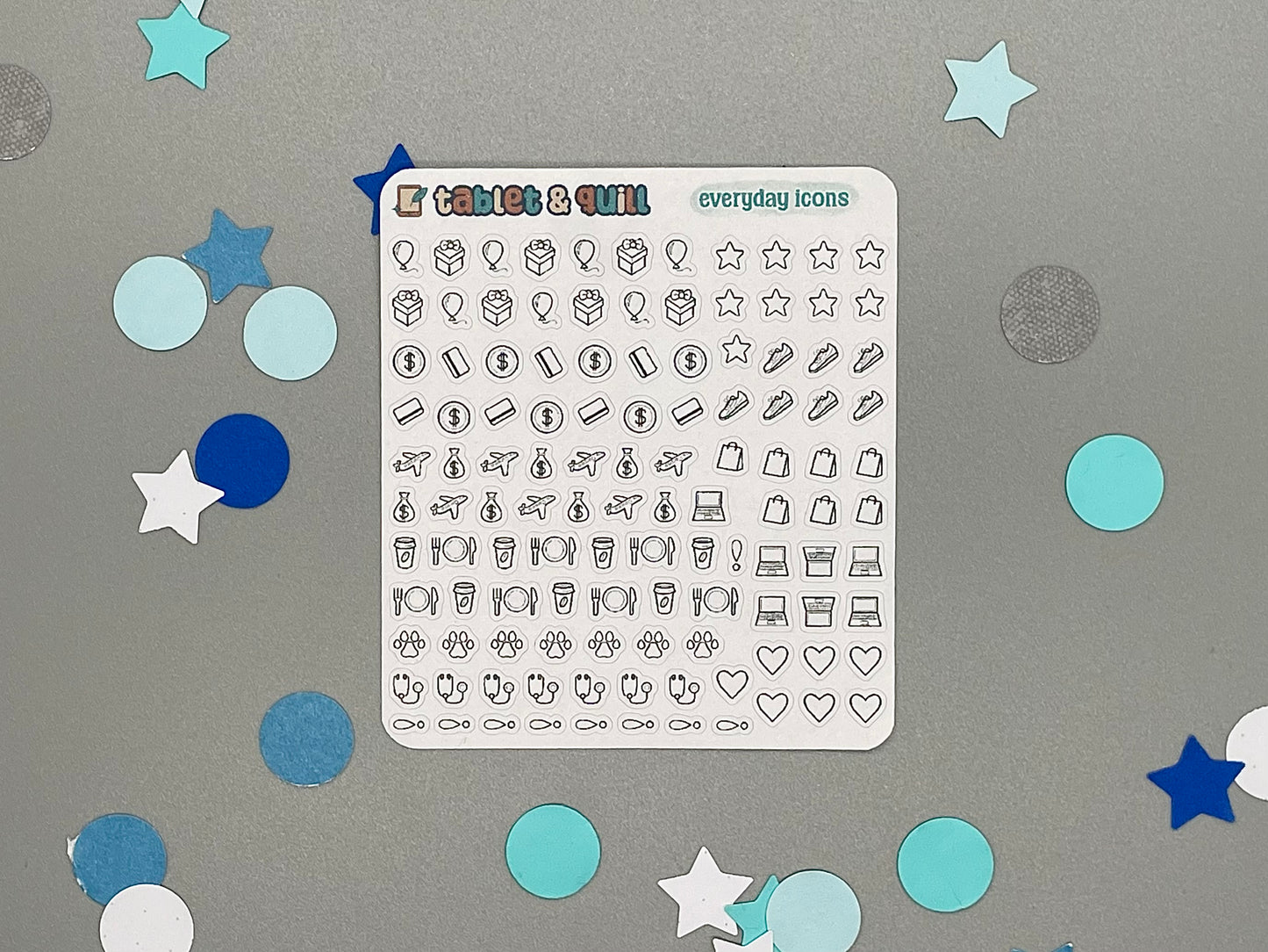Sheet of icons on a gray background with decorative stars and circles.