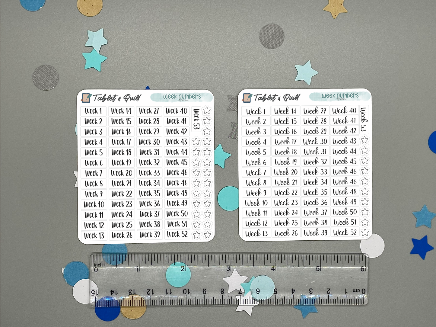 Two planner stickers sheets with a ruler for size reference on a decorative background.
