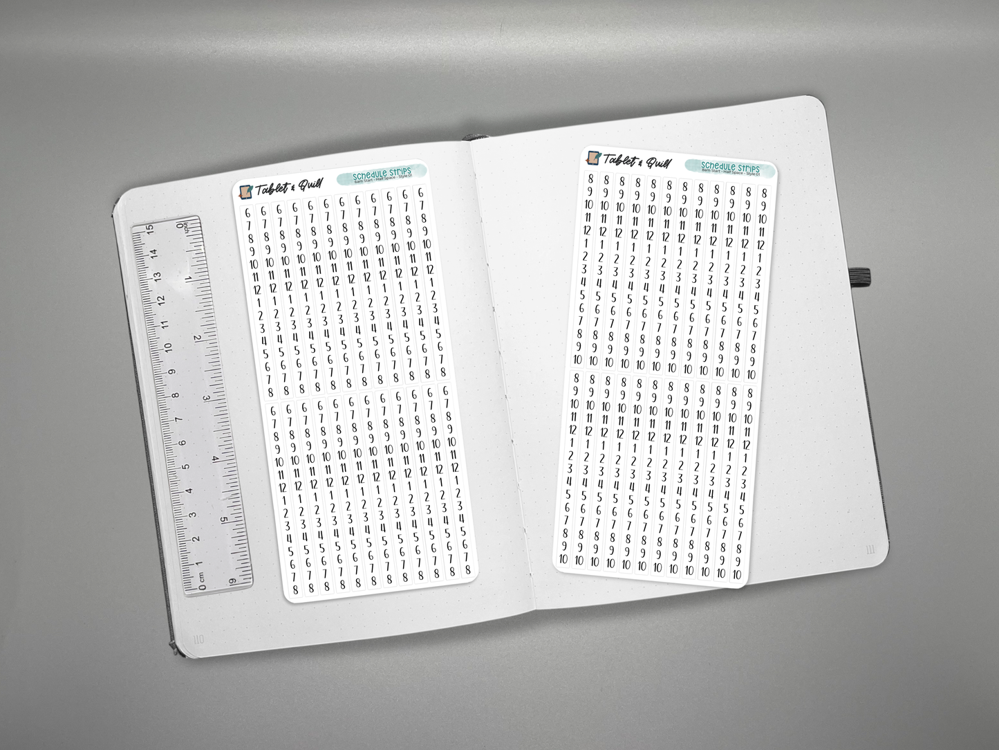 Two schedule time blocking sticker sheets on a journal with a ruler for scale over a gray background.