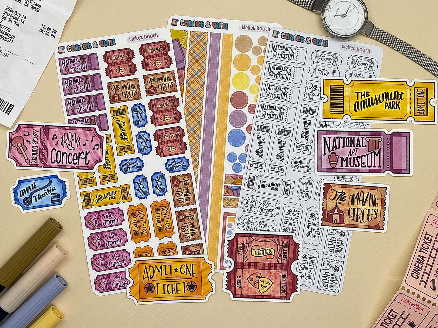 An overview image of tickets themed stickers, including a color sticker sheet, a colorable sticker sheet, a decorative sticker sheet, and die cut sticker flakes.