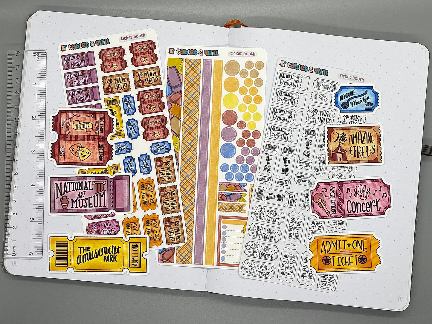 An overview image of tickets themed stickers, including a color sticker sheet, a colorable sticker sheet, a decorative sticker sheet, and die cut sticker flakes. Ruler on the left.