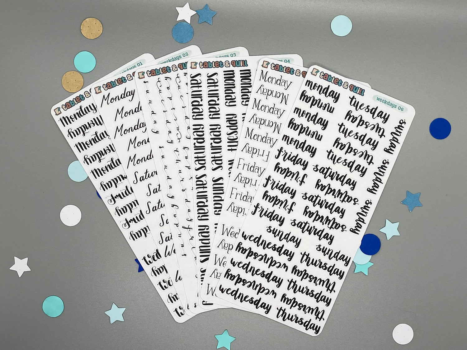 Weekday sticker sheets in 6 styles fanned out.