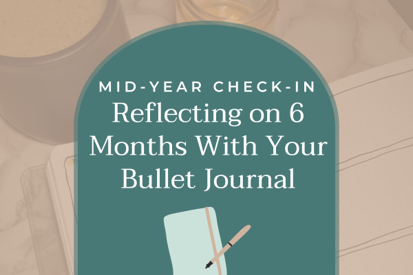 Text overlay "mid year check in reflecting on 5 months with your bullet journal" on a teal background with a bullet journal illustration. Background has a blank bullet journal spread with coffee and a candle.