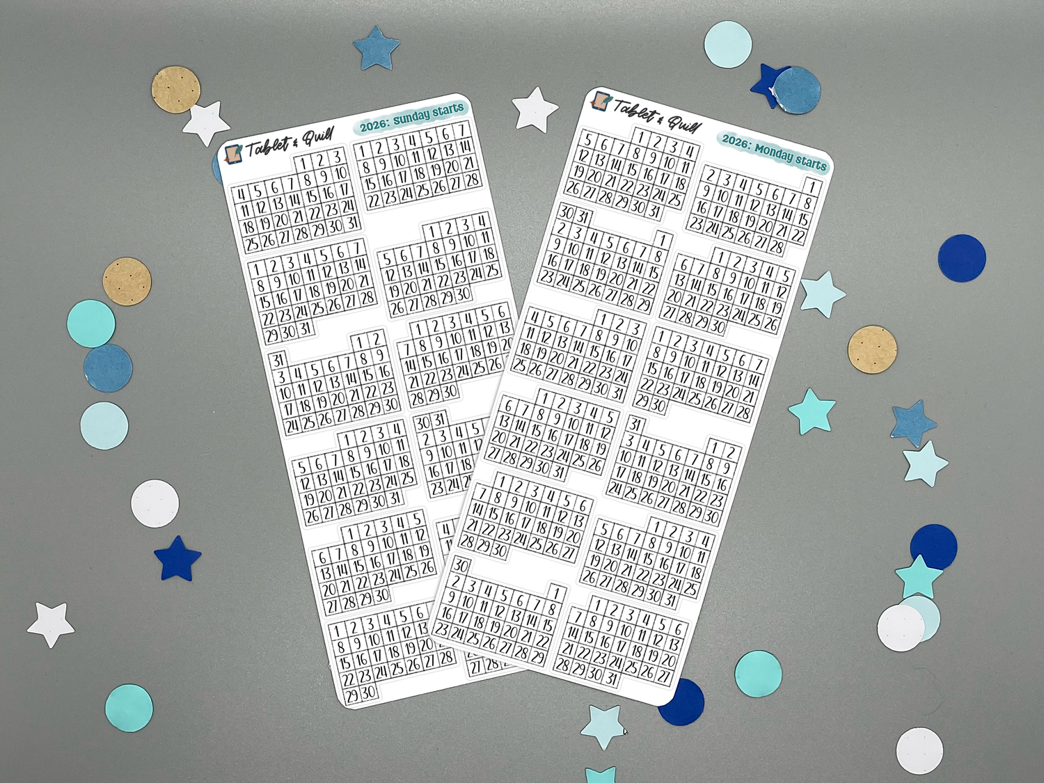 Two sheets of 2026 planner stickers on a gray background with decorative stars and circles.