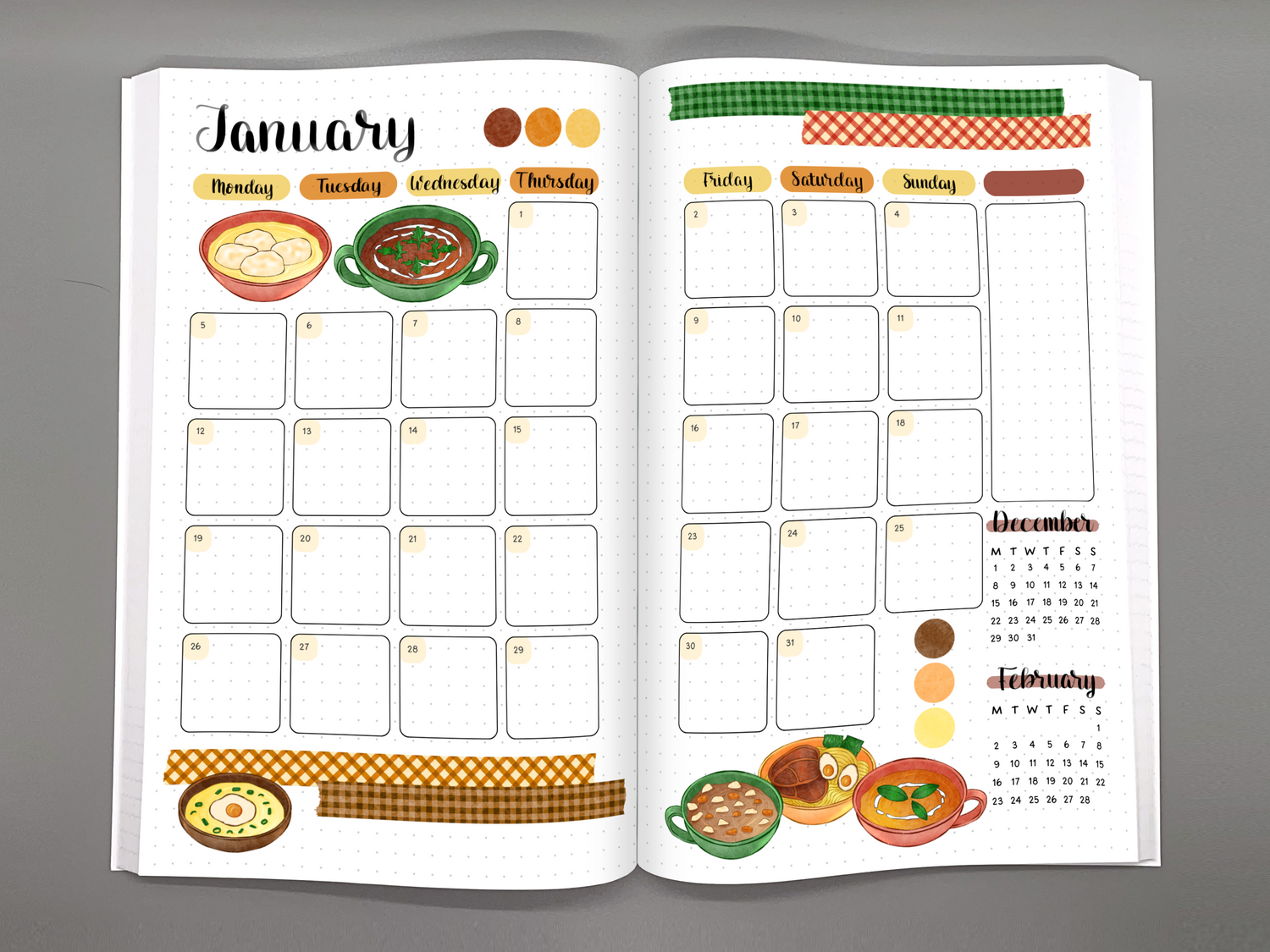 Open 2026 planner on a gray background showing a January monthly calendar page with a soup theme.