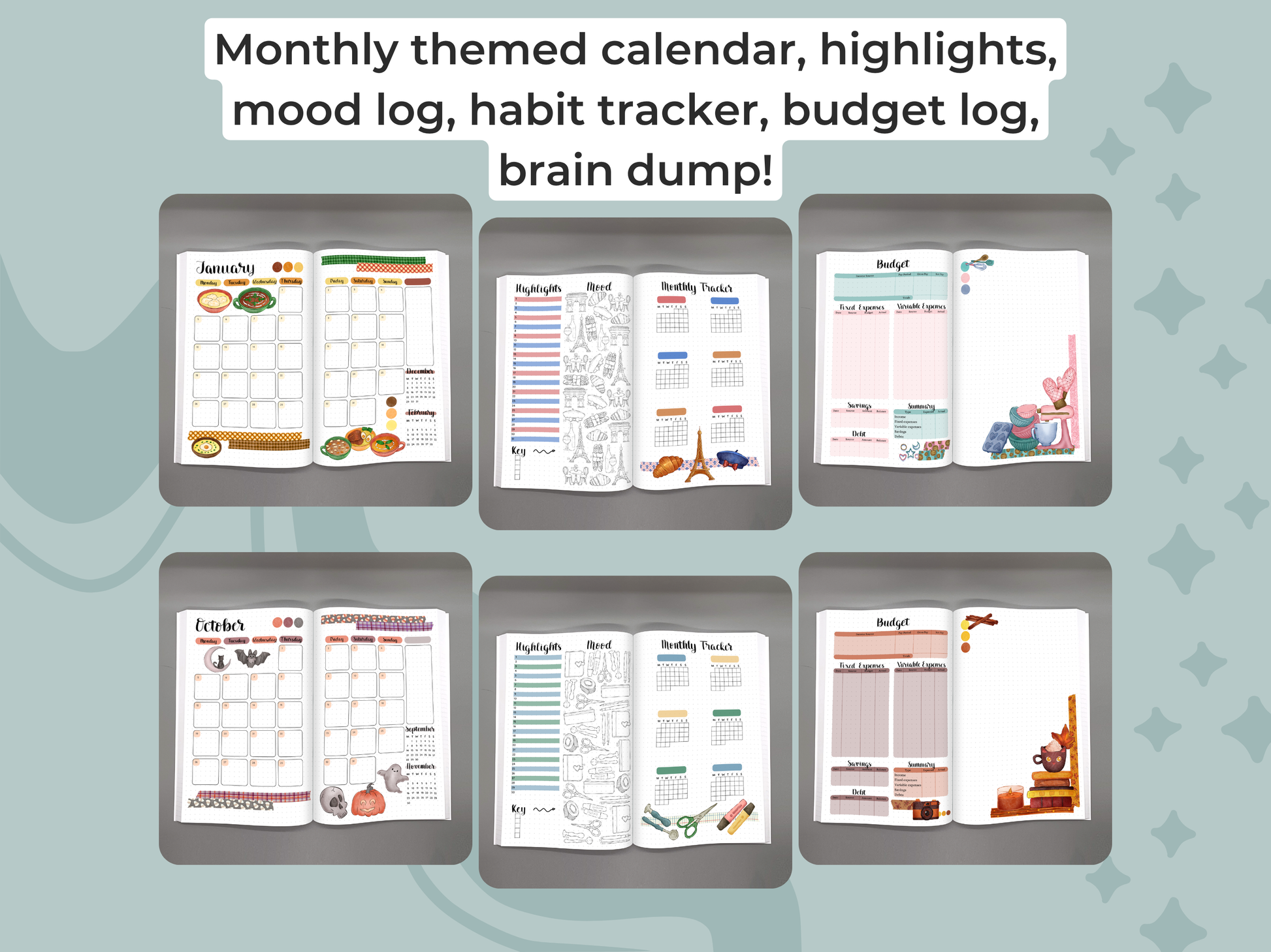 Monthly themed planner with various logs and trackers on a mint background.