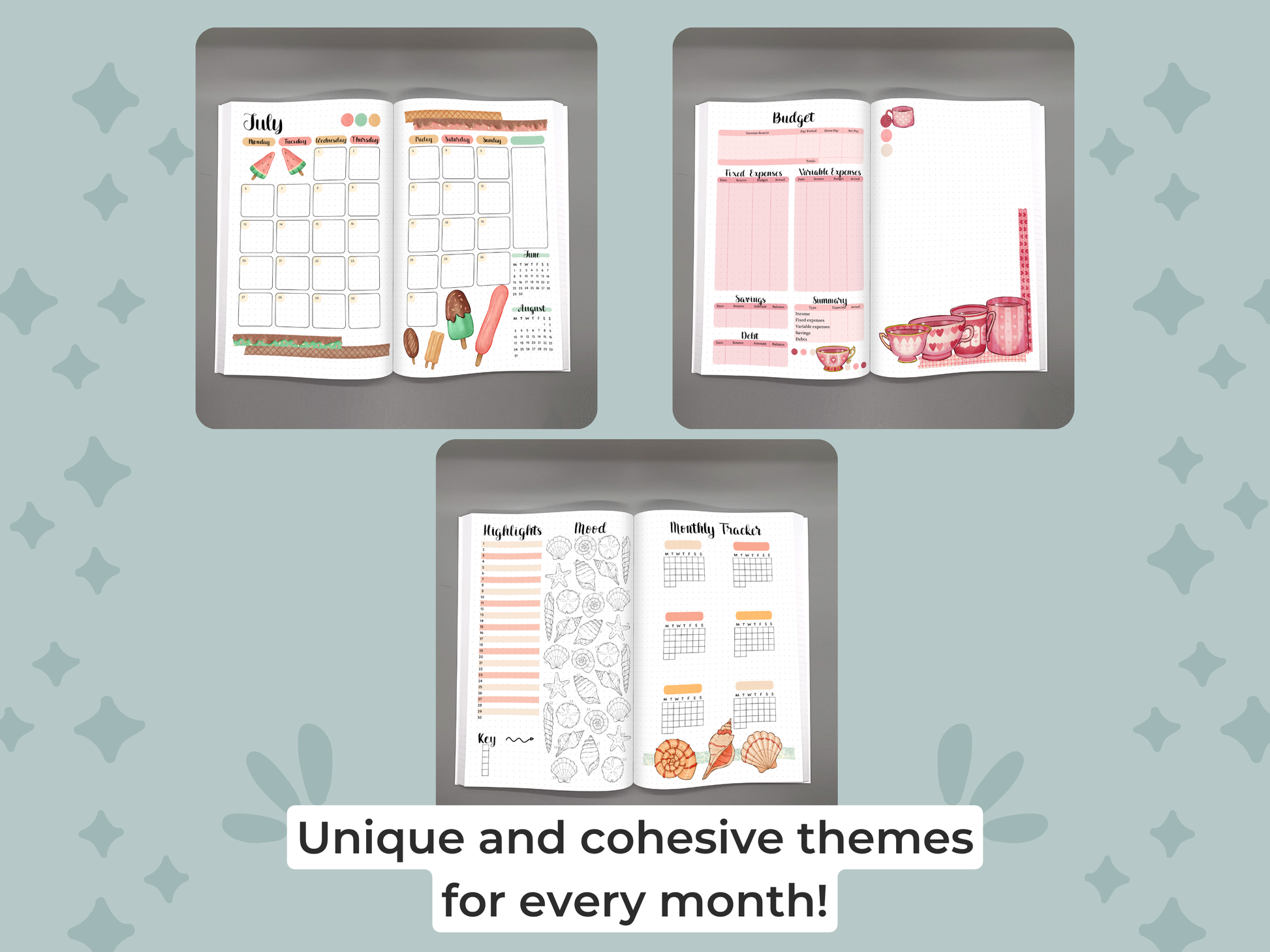 Three open planners showing unique and different themes on a mint background
