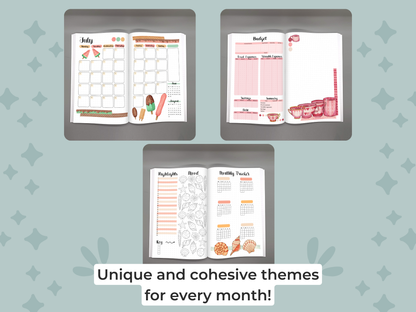 Three open planners showing unique and different themes on a mint background