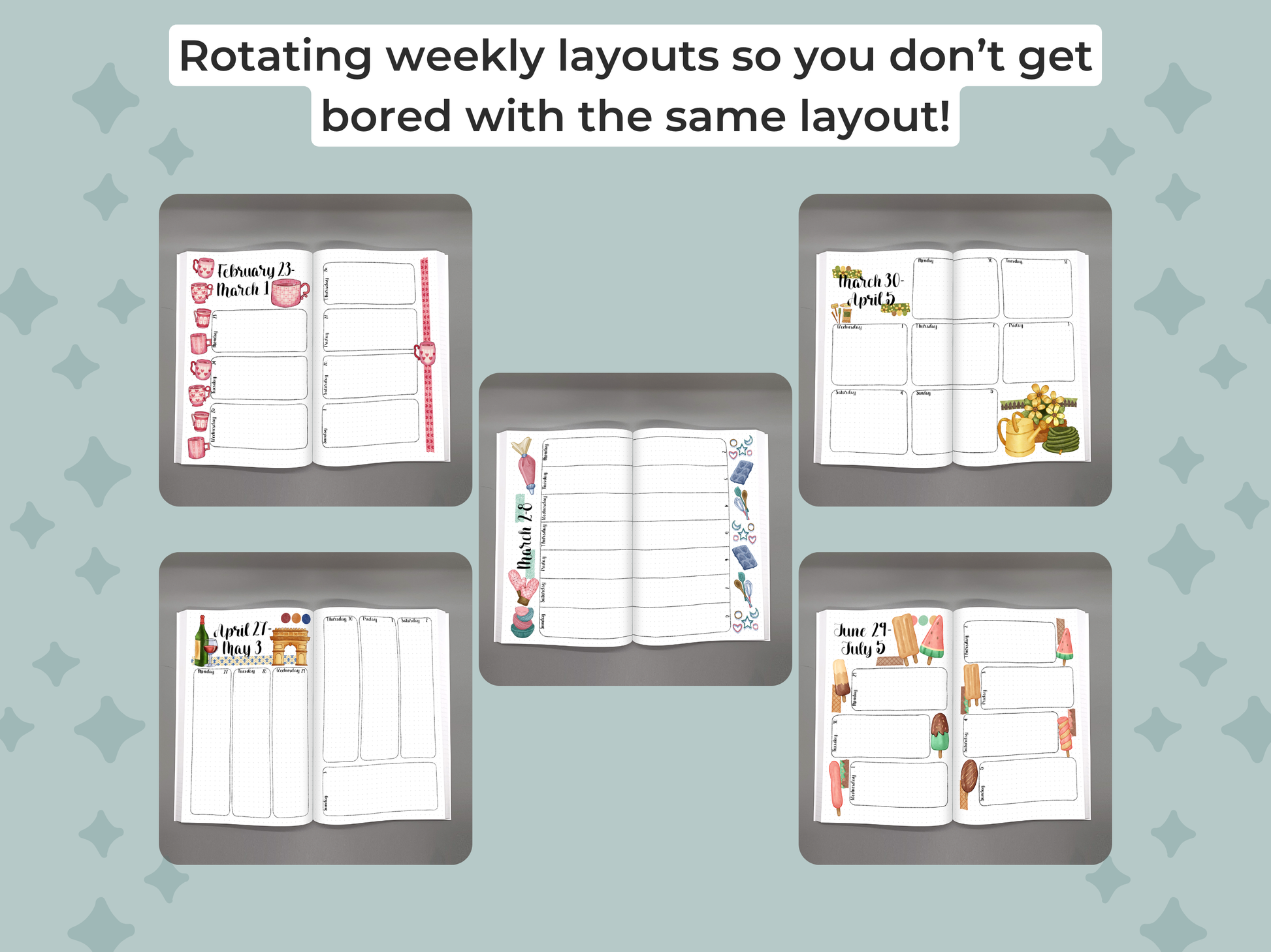Set of weekly layouts on a mint background with text encouraging variety of weekly spreads.