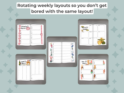 Set of weekly layouts on a mint background with text encouraging variety of weekly spreads.