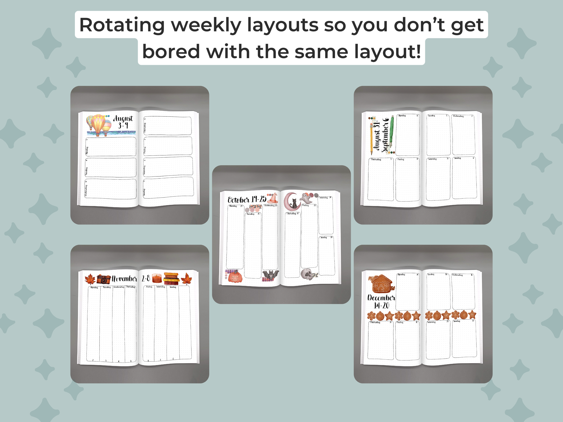 Set of weekly layouts on a mint background with text encouraging variety of weekly spreads.