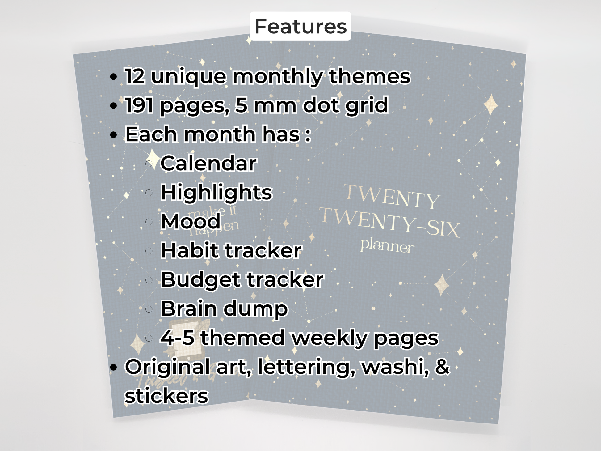 Planner with features listed on a gray background.