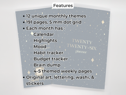 Planner with features listed on a gray background.