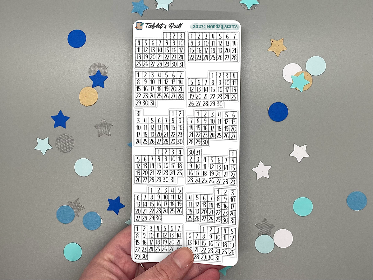 2027 Mini Calendar Stickers Sheet