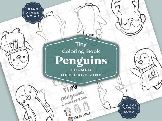 Coloring book page with penguin illustrations on a white background