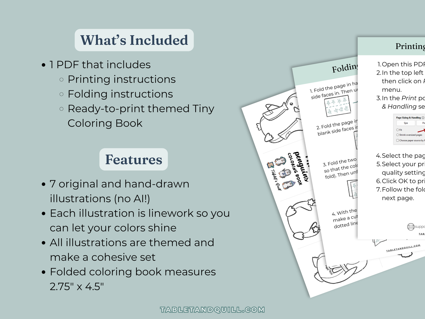 Coloring book with illustrations and printing instructions on a light gray background. List of what's included and features.