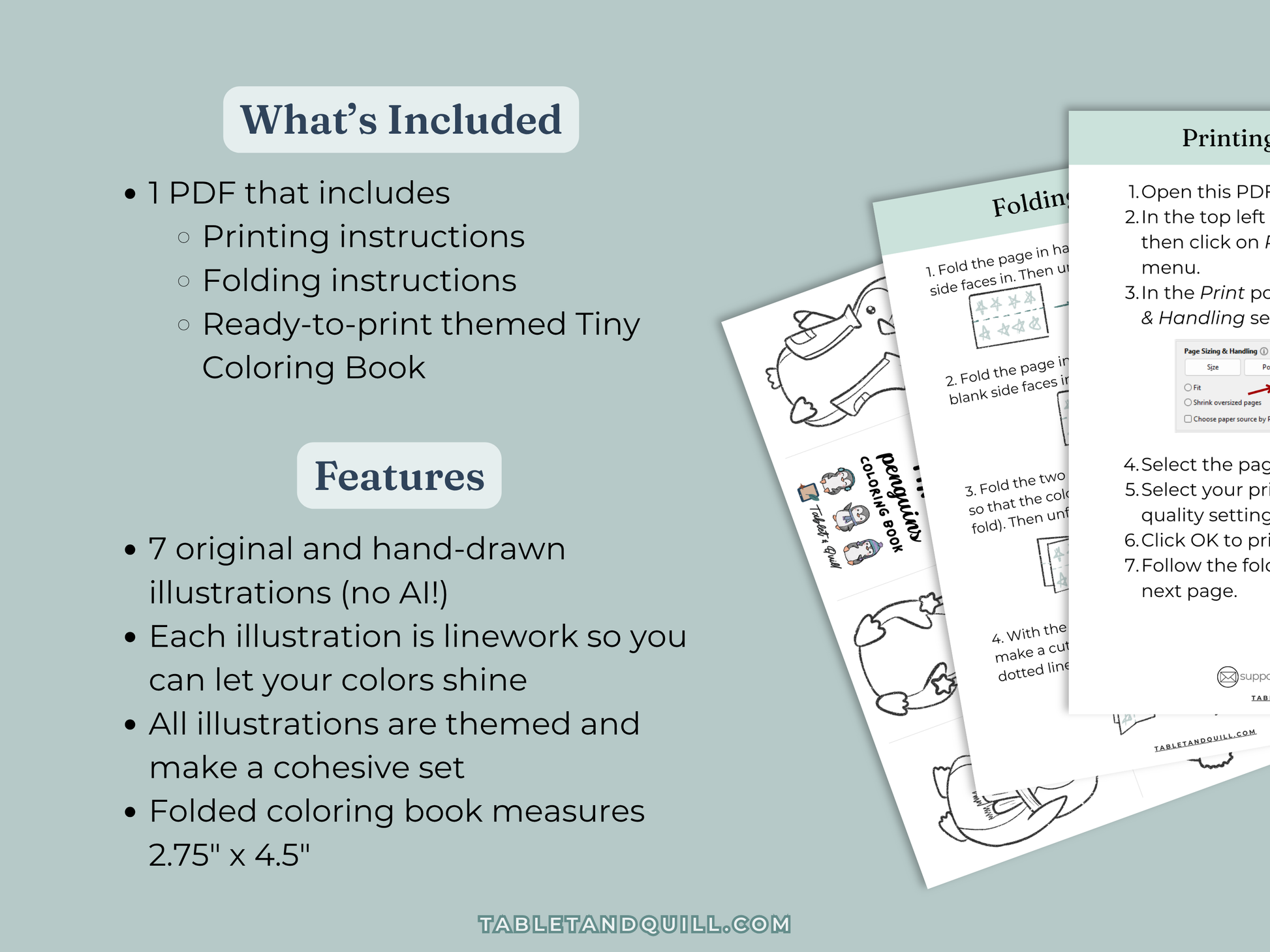 Coloring book with illustrations and printing instructions on a light gray background. List of what's included and features.