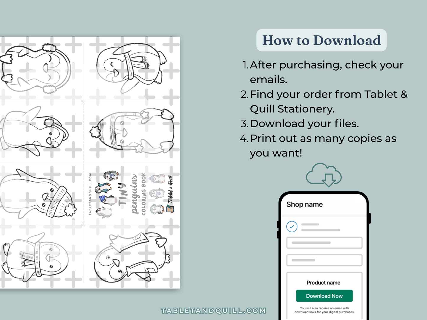 Instructions for downloading showing download email on a smartphone with a light blue background.