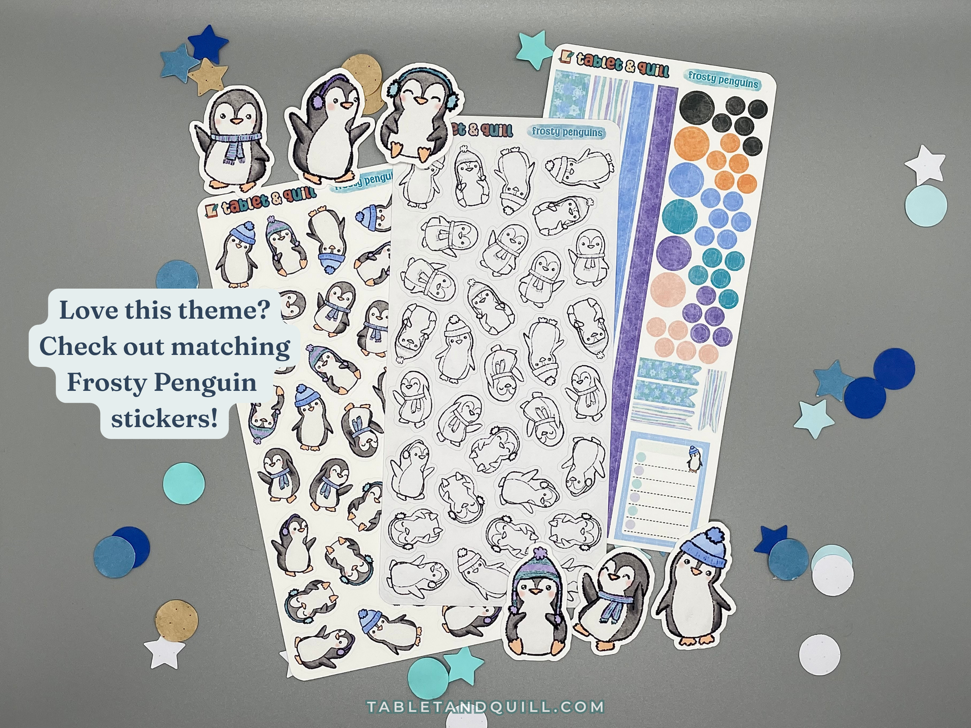 Collection of penguin-themed stickers on a gray background with text overlay.