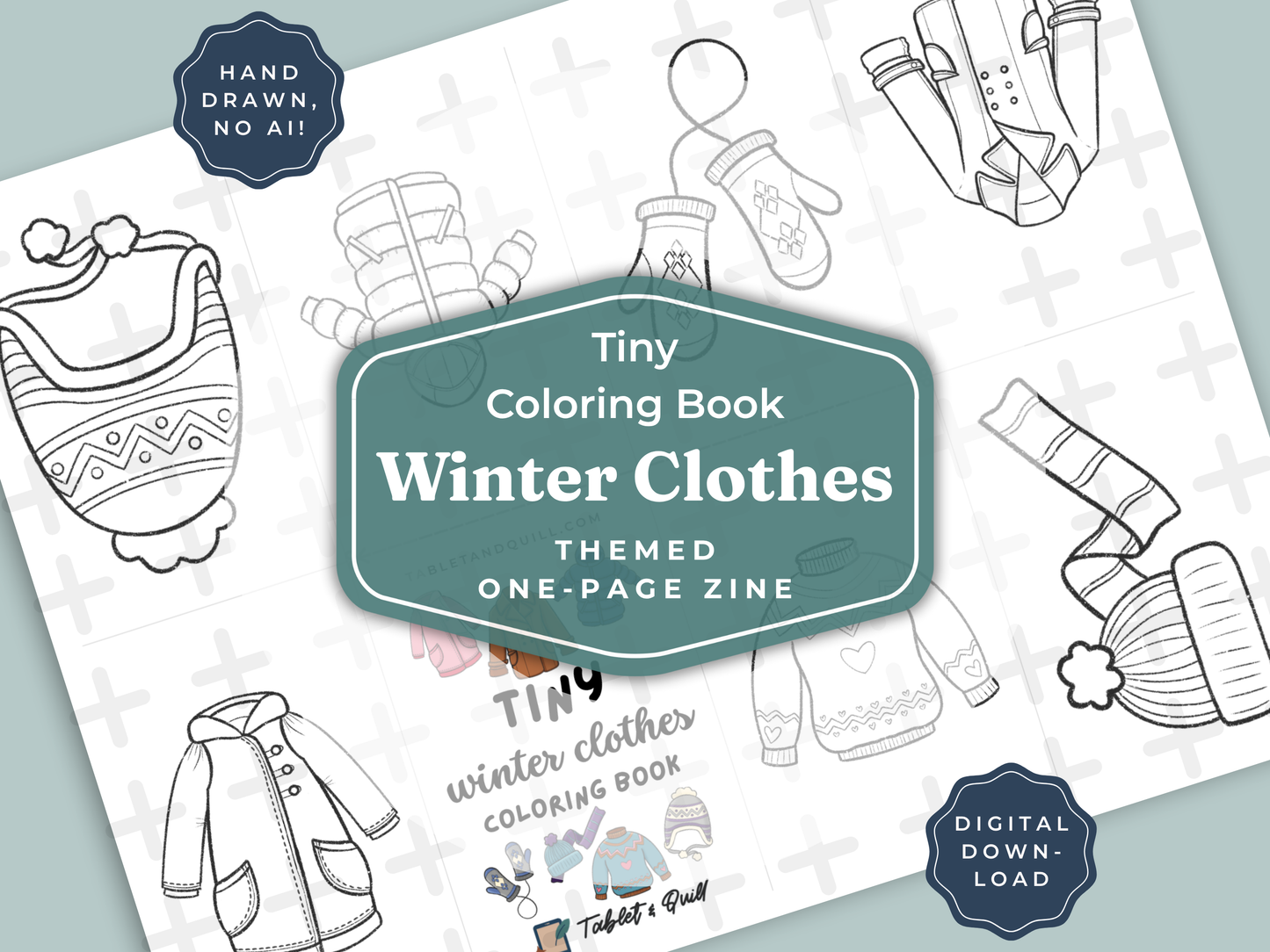 Coloring book page with winter clothes illustrations on a white background