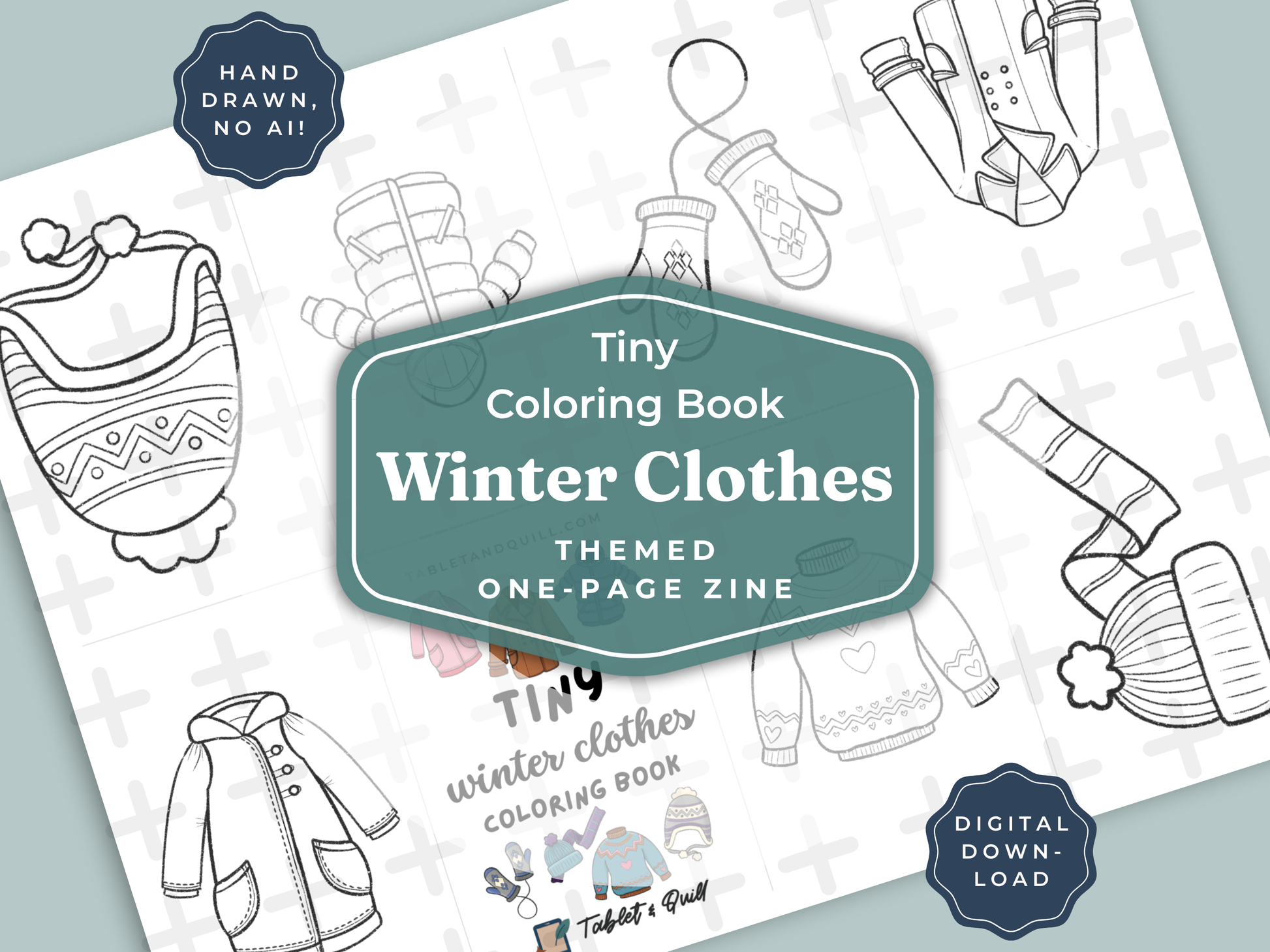 Coloring book page with winter clothes illustrations on a white background