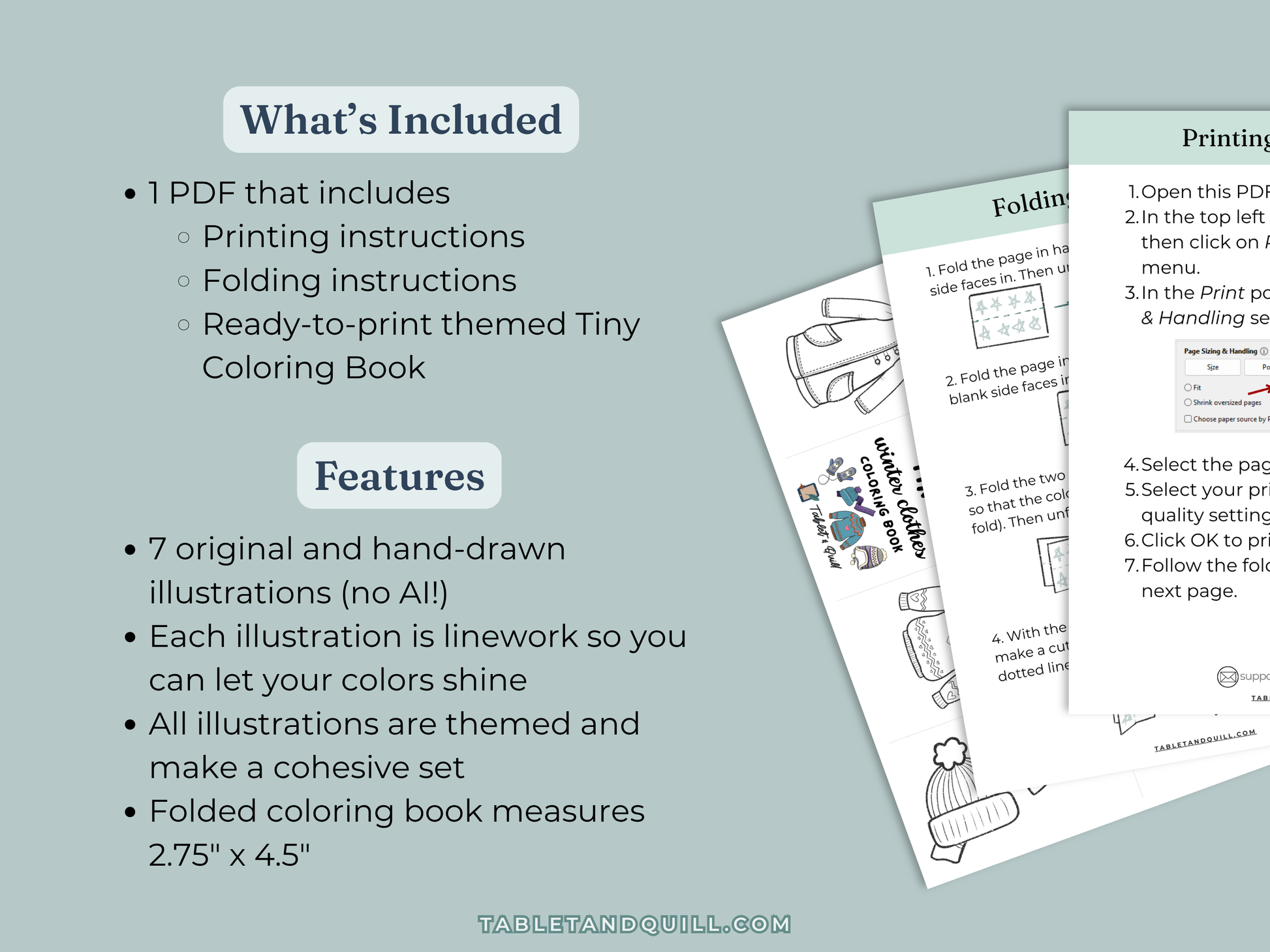 Coloring book with illustrations and printing instructions on a light gray background. List of what's included and features.