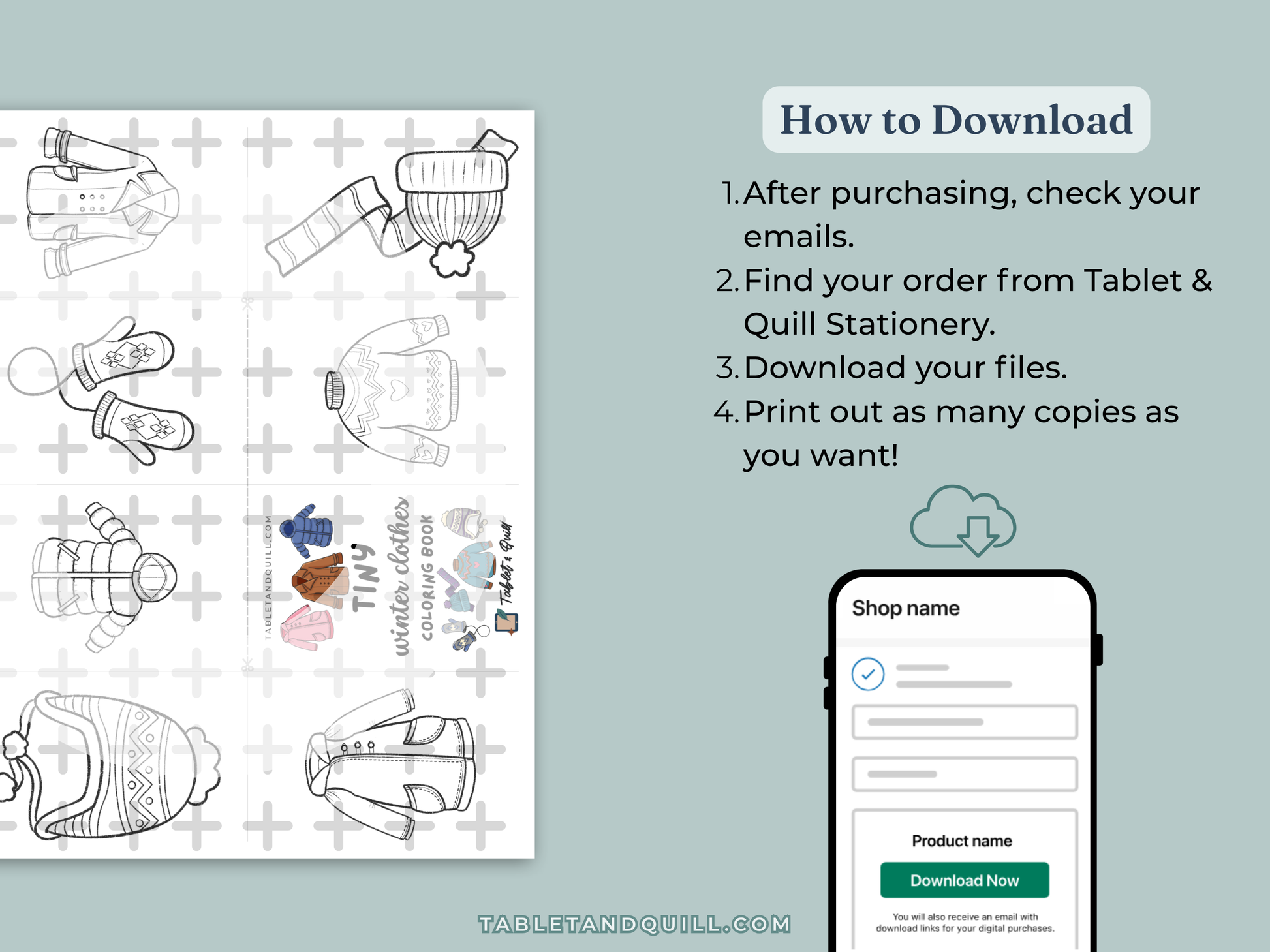 Instructions for downloading showing download email on a smartphone with a light blue background.