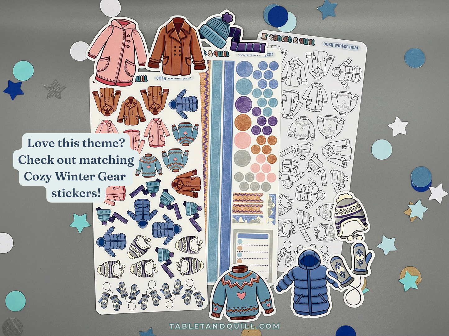 Collection of winter clothes-themed stickers on a gray background with text overlay.