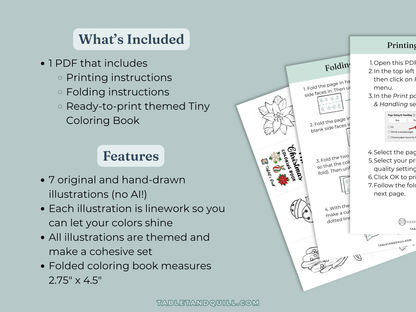 Features and what's included in the christmas themed tiny coloring book zine download.