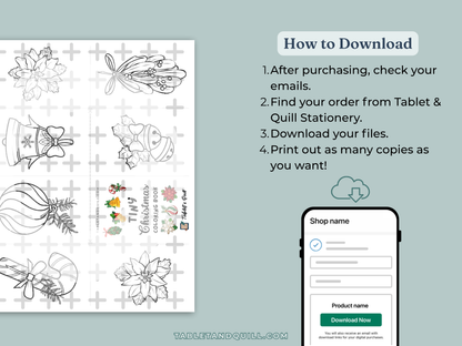 Instructions on how to download files after purchasing the holiday themed mini coloring book zine bundle from Tablet & Quill Stationery, with a phone screen and stationery designs.