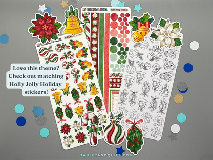 Collection of Christmas-themed stickers on a gray background with decorative elements.