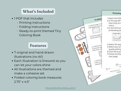 Features and what's included in the gingerbread themed tiny coloring book zine download.