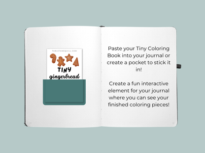 Open journal with a pocket for inserting a Tiny Coloring Book on a light gray background