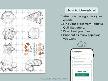 Instructions on how to download files after purchasing from Tablet & Quill Stationery, with a phone screen and product illustrations.